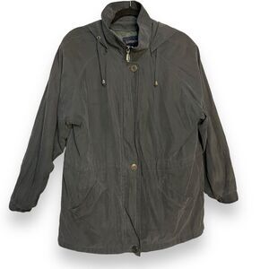 London Fog Hooded Coat Jacket Women's Large Petite Gray Blue Retro Grunge Casual